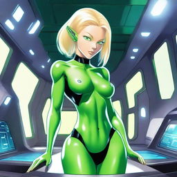 A green-skinned alien woman, approximately 25 years old, with a sexy and athletic build