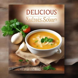 A realistic and visually appealing soup cookbook cover featuring a bowl of steaming soup with fresh ingredients around it