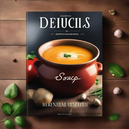 A realistic and visually appealing soup cookbook cover featuring a bowl of steaming soup with fresh ingredients around it