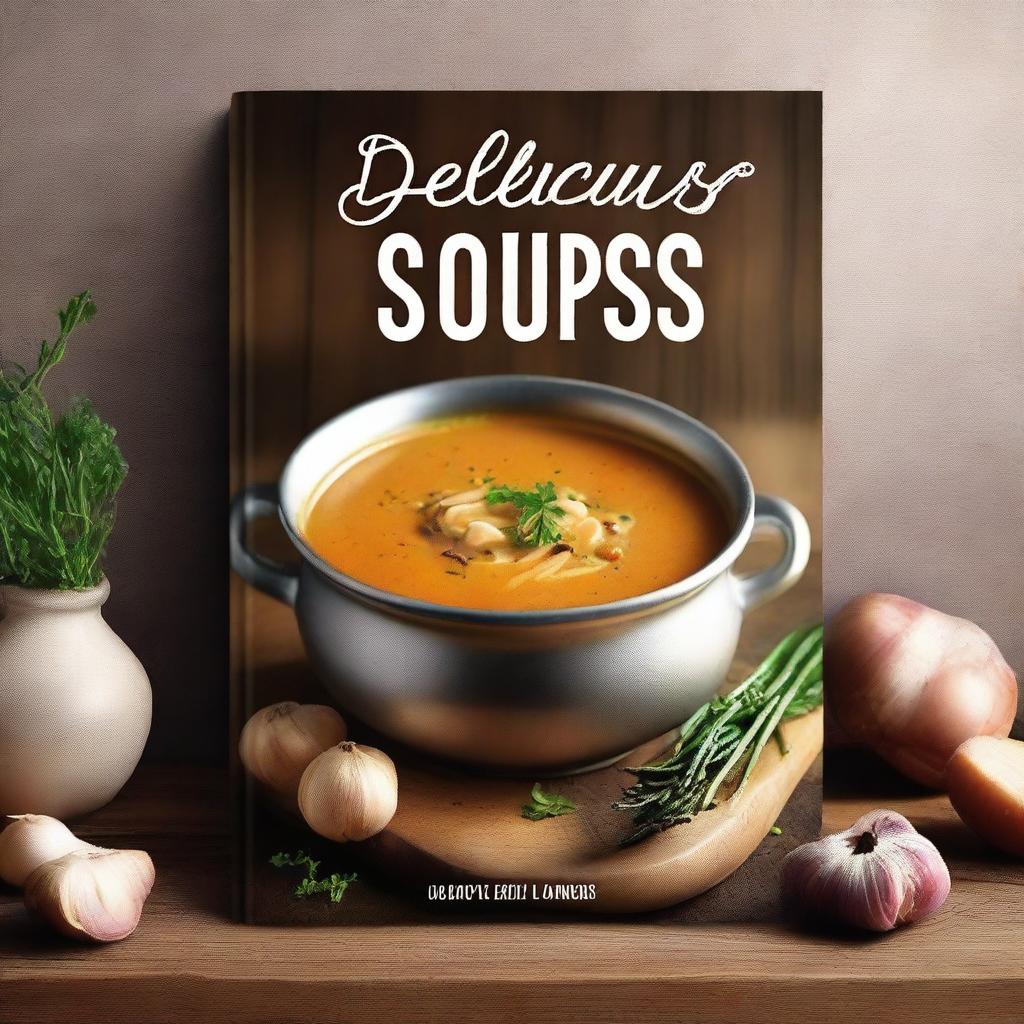 A realistic and visually appealing soup cookbook cover featuring a bowl of steaming soup with fresh ingredients around it