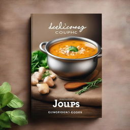 A realistic and visually appealing soup cookbook cover featuring a bowl of steaming soup with fresh ingredients around it