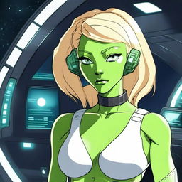 A green-skinned alien woman, approximately 25 years old, with a sexy and athletic build