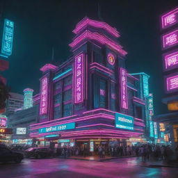 A cyberpunk interpretation of Brunei Darussalam, featuring traditional architecture enveloped in neon lights, futuristic technology, and high-tech city elements.