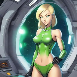 A green-skinned alien woman, approximately 25 years old, with a sexy and athletic build