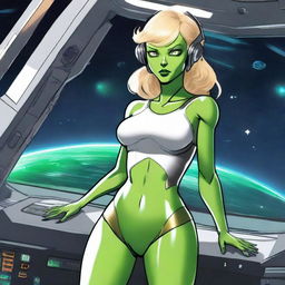 A green-skinned alien woman, approximately 25 years old, with a sexy and athletic build