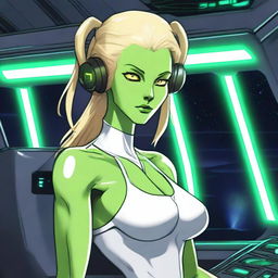 A green-skinned alien woman, approximately 25 years old, with a sexy and athletic build