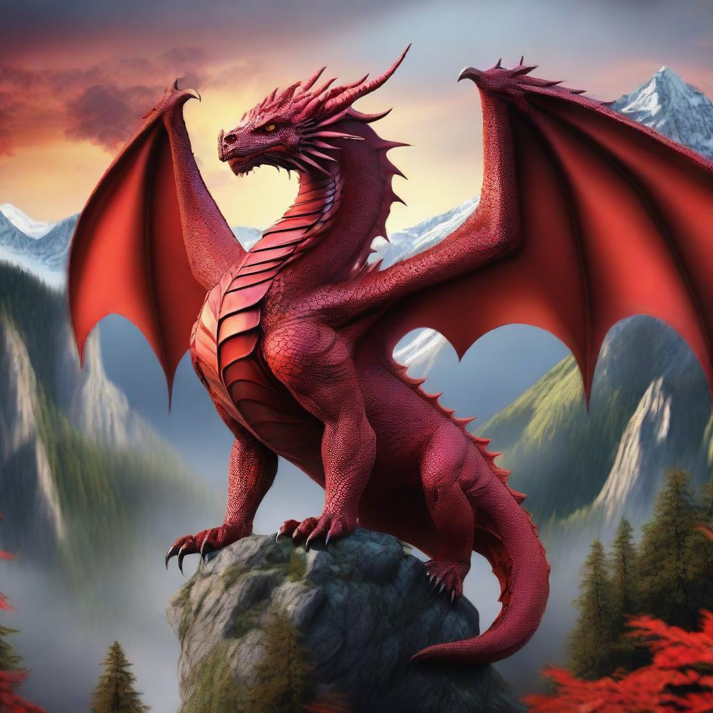 A majestic red dragon with intricate scales and powerful wings, soaring above a fantasy landscape with mountains and forests in the background