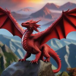 A majestic red dragon with intricate scales and powerful wings, soaring above a fantasy landscape with mountains and forests in the background