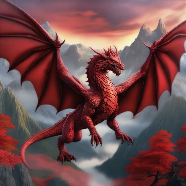 A majestic red dragon with intricate scales and powerful wings, soaring above a fantasy landscape with mountains and forests in the background