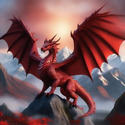 A majestic red dragon with intricate scales and powerful wings, soaring above a fantasy landscape with mountains and forests in the background