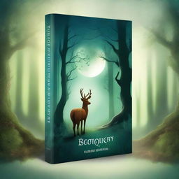 Create a captivating book cover featuring an enchanted forest with mystical creatures, a hidden path, and a glowing moon