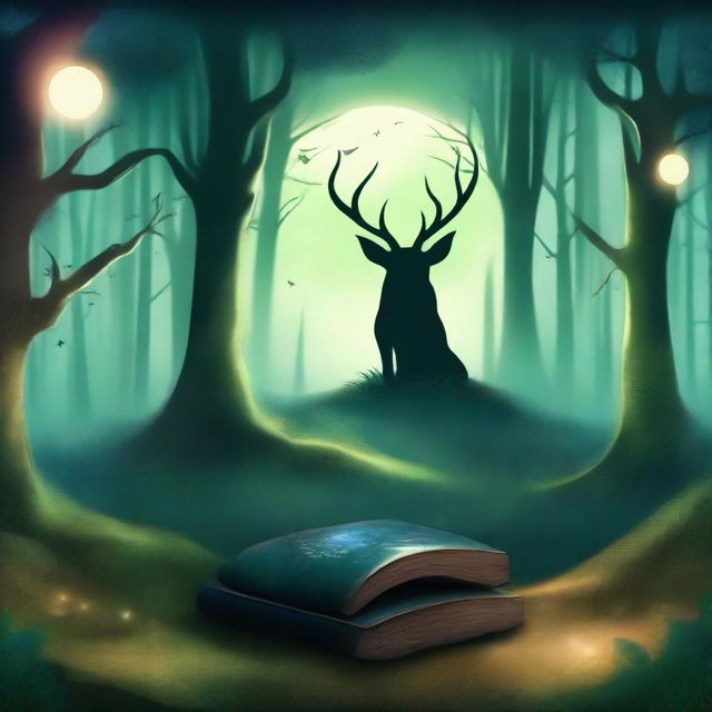 Create a captivating book cover featuring an enchanted forest with mystical creatures, a hidden path, and a glowing moon