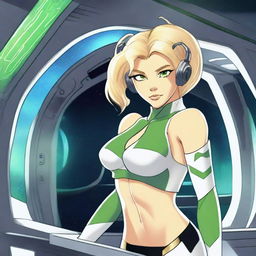 A green-skinned alien woman, approximately 25 years old, with a sexy and athletic build