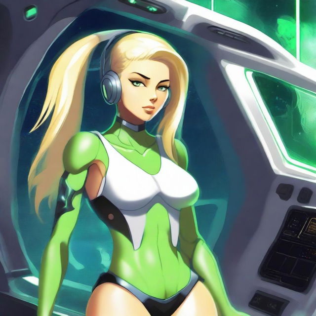 A green-skinned alien woman, approximately 25 years old, with a sexy and athletic build