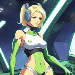 A green-skinned alien woman, approximately 25 years old, with a sexy and athletic build