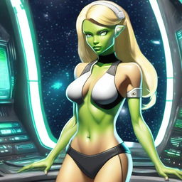 A green-skinned alien woman, approximately 25 years old, with a sexy and athletic build