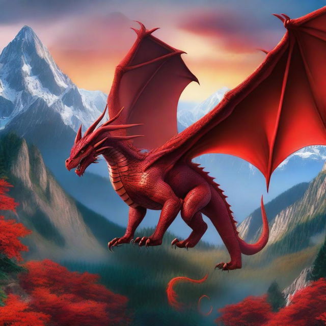 A majestic red dragon with intricate scales and powerful wings, soaring above a fantasy landscape with mountains and forests in the background