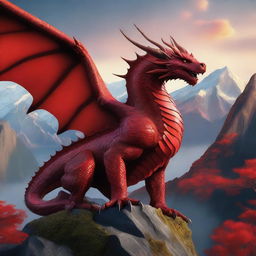 A majestic red dragon with intricate scales and powerful wings, soaring above a fantasy landscape with mountains and forests in the background