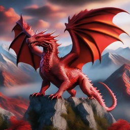 A majestic red dragon with intricate scales and powerful wings, soaring above a fantasy landscape with mountains and forests in the background