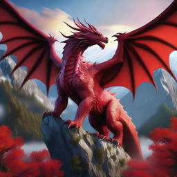 A majestic red dragon with intricate scales and powerful wings, soaring above a fantasy landscape with mountains and forests in the background