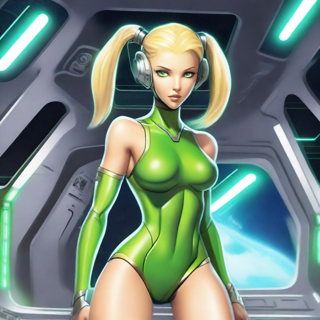 A green-skinned alien woman, approximately 25 years old, with a sexy and athletic build