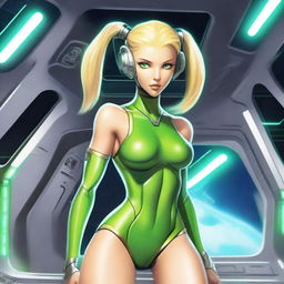 A green-skinned alien woman, approximately 25 years old, with a sexy and athletic build