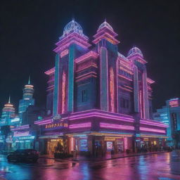 A cyberpunk interpretation of Brunei Darussalam, featuring traditional architecture enveloped in neon lights, futuristic technology, and high-tech city elements.