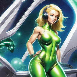 A green-skinned alien woman, approximately 25 years old, with a sexy and athletic build