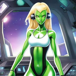 A green-skinned alien woman, approximately 25 years old, with a sexy and athletic build