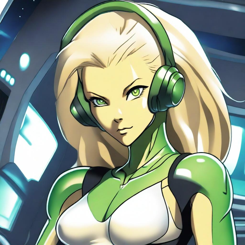 A green-skinned alien woman, approximately 25 years old, with a sexy and athletic build