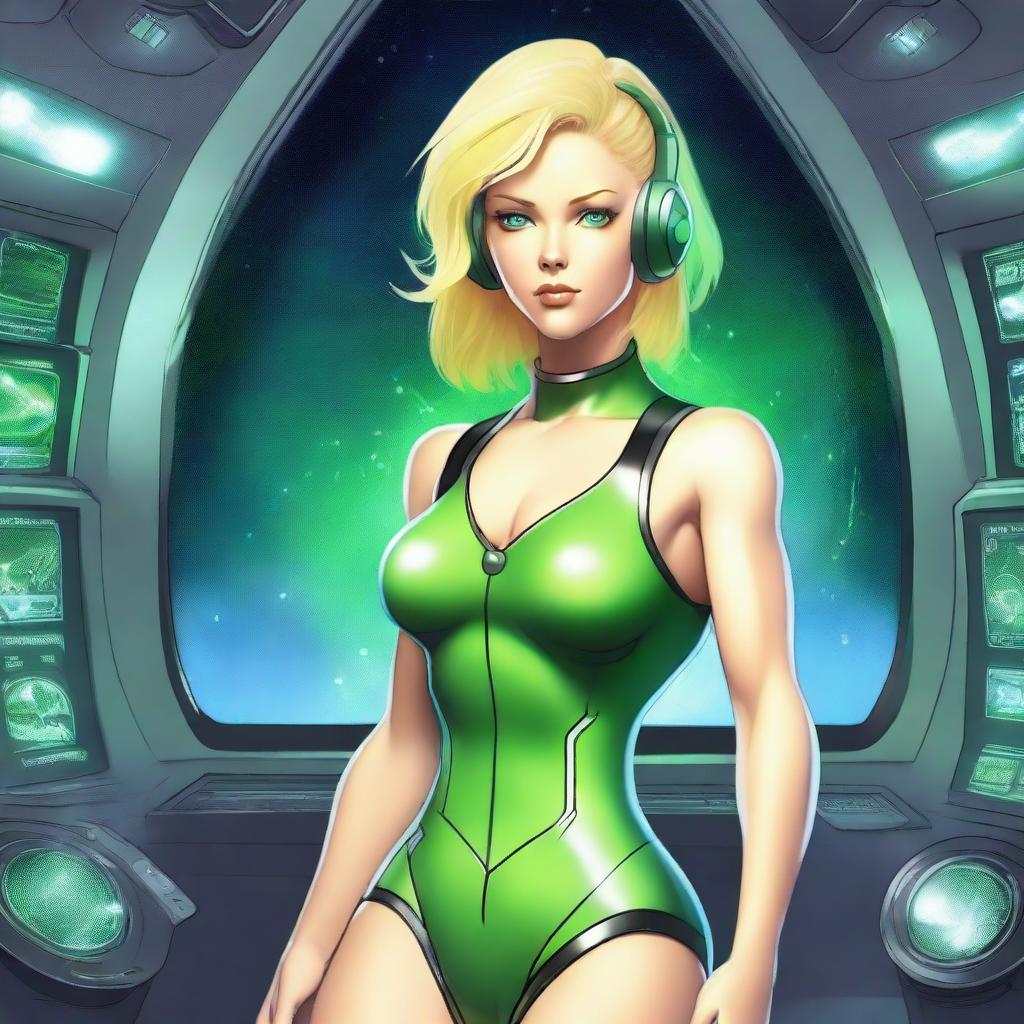 A green-skinned alien woman, approximately 25 years old, with a sexy and athletic build