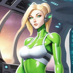 A green-skinned alien woman, approximately 25 years old, with a sexy and athletic build