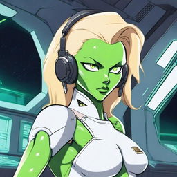 A green-skinned alien woman, approximately 25 years old, with a sexy and athletic build