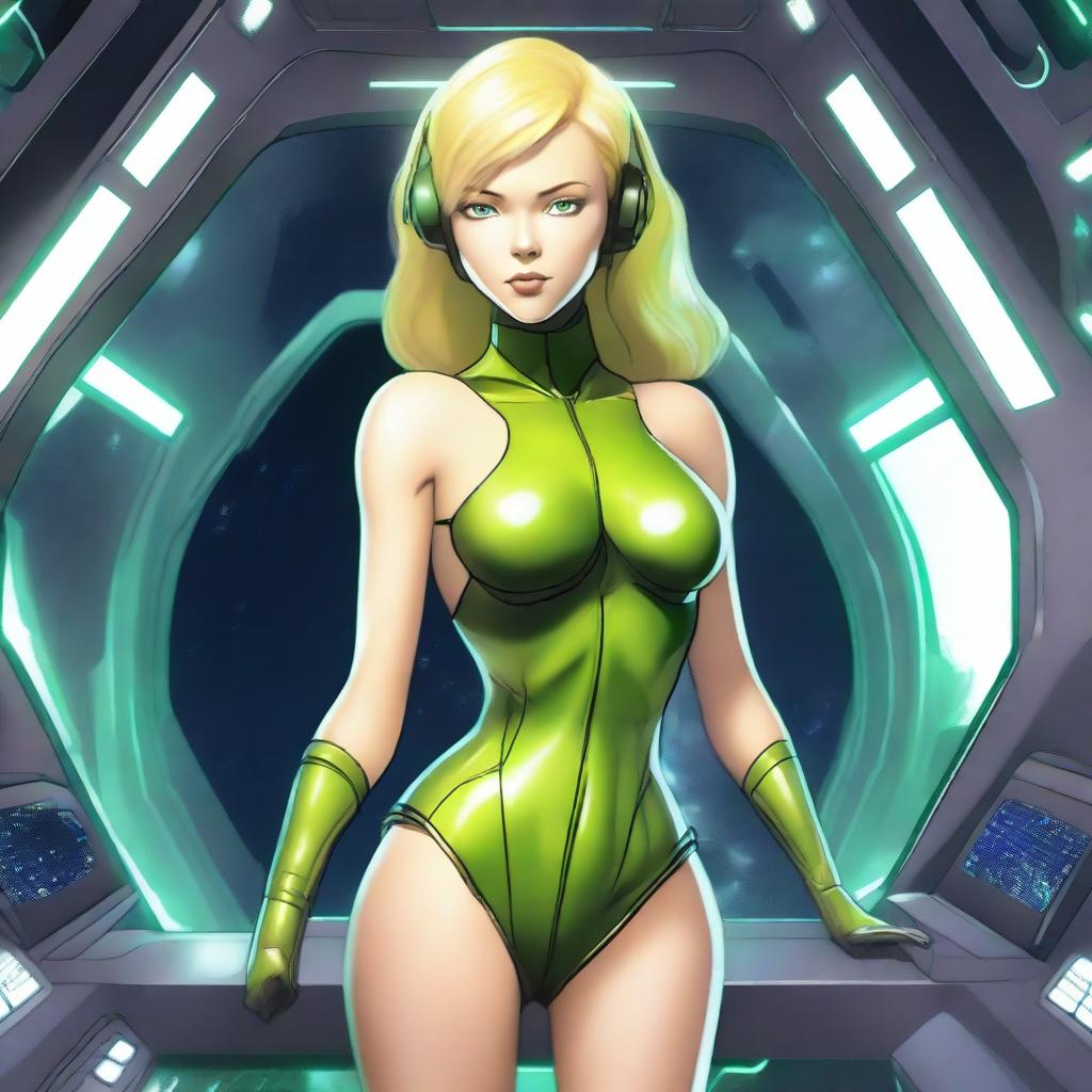 A green-skinned alien woman, approximately 25 years old, with a sexy and athletic build