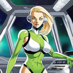 A green-skinned alien woman, approximately 25 years old, with a sexy and athletic build