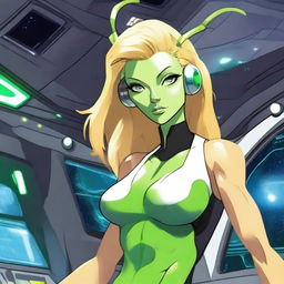 A green-skinned alien woman, approximately 25 years old, with a sexy and athletic build