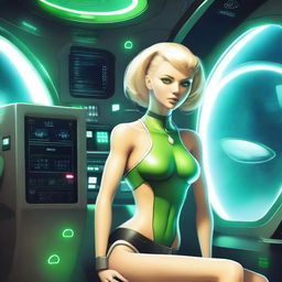 A green-skinned alien woman, approximately 25 years old, with a sexy and athletic build