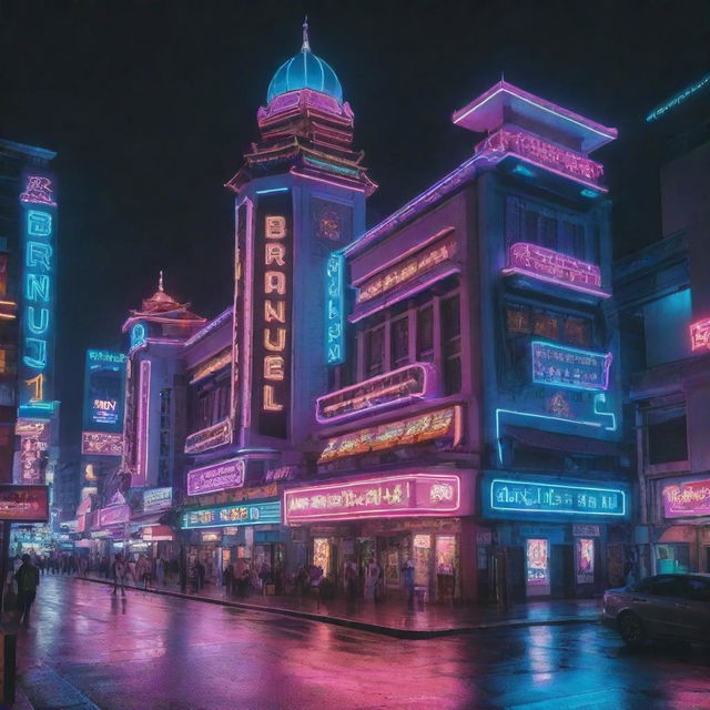 A cyberpunk interpretation of Brunei Darussalam, featuring traditional architecture enveloped in neon lights, futuristic technology, and high-tech city elements.