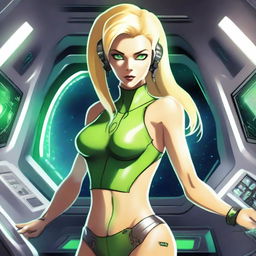 A green-skinned alien woman, approximately 25 years old, with a sexy and athletic build