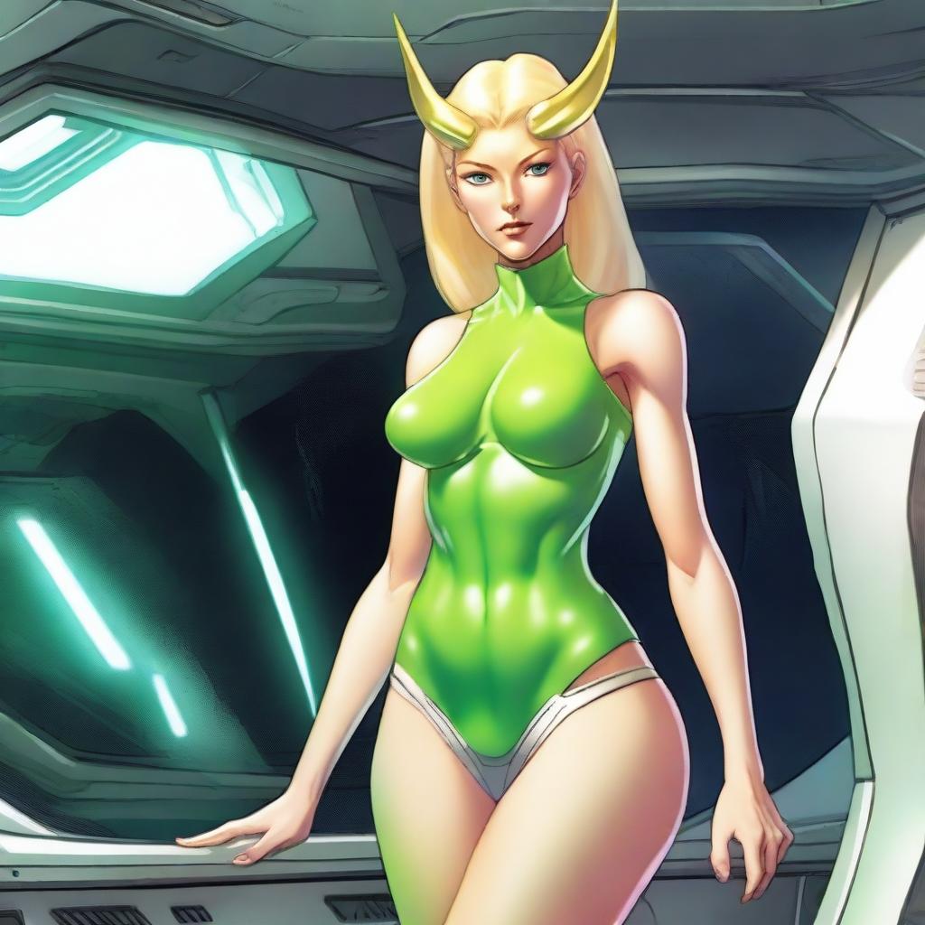 A green-skinned alien woman, approximately 25 years old, with a sexy and athletic build