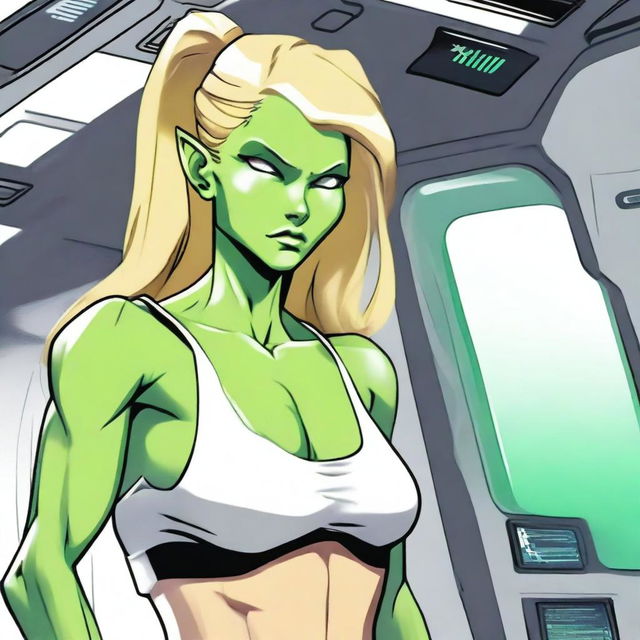 A green-skinned alien woman, approximately 25 years old, with a sexy and athletic build