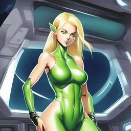 A green-skinned alien woman, approximately 25 years old, with a sexy and athletic build