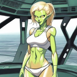 A green-skinned alien woman, approximately 25 years old, with a sexy and athletic build