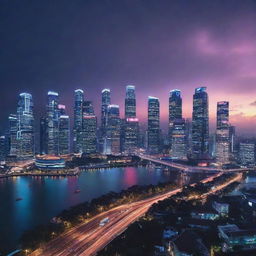 Singapore skyline envisioned in a cyberpunk aesthetic, fusing traditional Singaporean architecture with vibrant neon lights and future-forward technology.