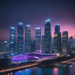 Singapore skyline envisioned in a cyberpunk aesthetic, fusing traditional Singaporean architecture with vibrant neon lights and future-forward technology.