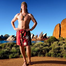 A man from Australia depicted in traditional Australian clothing against a backdrop of iconic Australian landmarks.