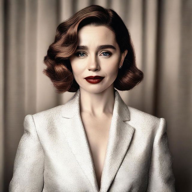 A detailed and elegant portrait of Emilia Clarke wearing stylish and fashionable clothing