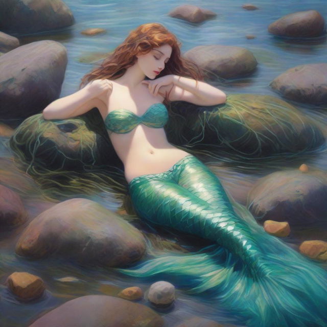 A beautiful mermaid is washed up on shore in a tide pool setting