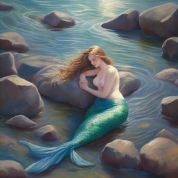 A beautiful mermaid is washed up on shore in a tide pool setting