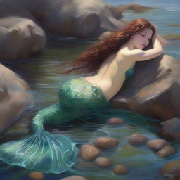 A beautiful mermaid is washed up on shore in a tide pool setting